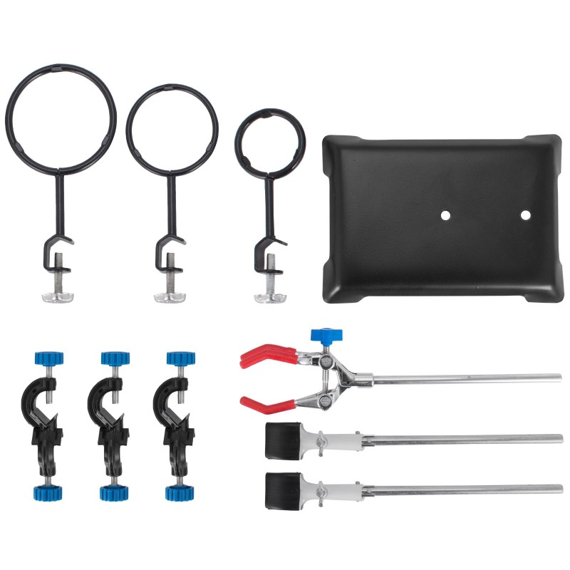 Laboratorioteline 600 mm pylväällä ruostumattomasta teräksestä ja valuraudasta 3 puristinta 3 rengasta