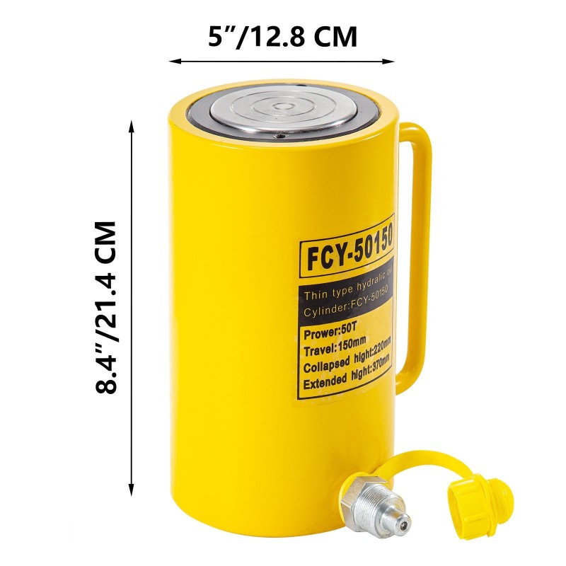 Hydraulinen sylinteritunkki yksitoiminen 50 tonnin kapasiteetti 150 millimetrin isku metallirunkoinen