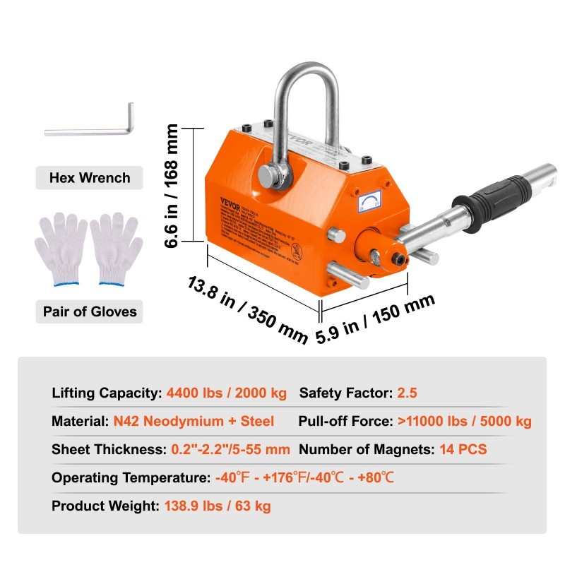 Magneettinostin pysyvä N42-neodyymi teräs 2000 kg turvakerroin 2,5 teräslevyille
