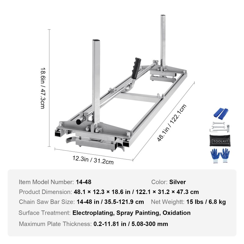 Moottorisahan sahatuki kannettava galvanoitu teräs 355–1219 mm laipalle säädettävä leikkuupaksuus 5–300 mm