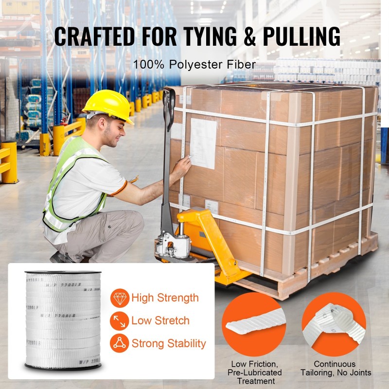 Litteä polyesterivetonauha kaapelivetoon 96,9 m x 1,6 cm 998 kg vetolujuus valkoinen