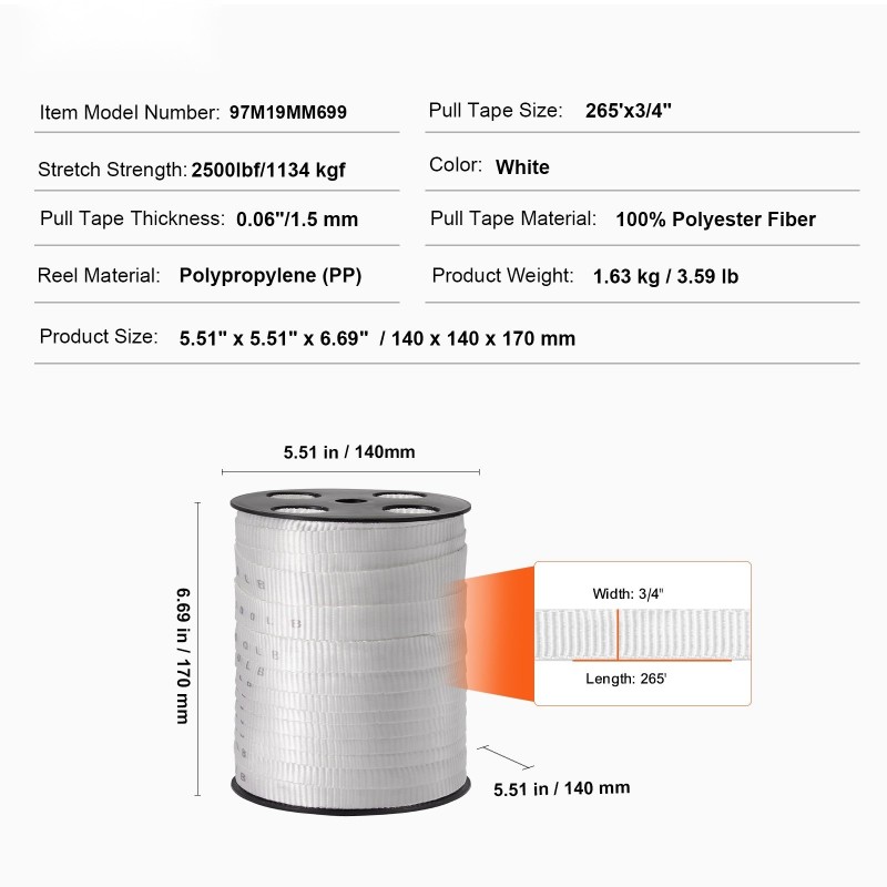Polyesterinen esivoideltu vetonauha 80,8 m ja 1,9 cm 1134 kg vetolujuus kaapelointiin