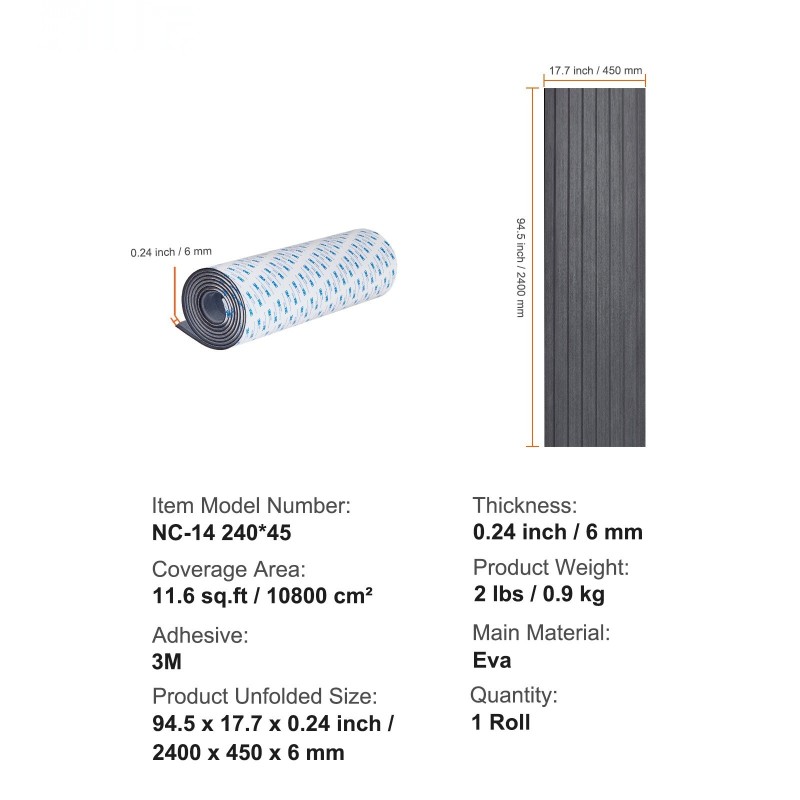 Venelattia EVA-vaahtomuovi 2400x450x6 mm itsekiinnittyvä liimapinta yksi rulla veneille