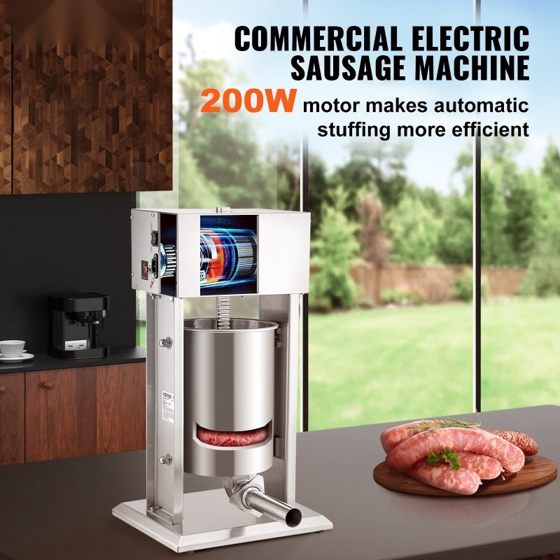 Sähköinen pystymallinen makkaratäytin kymmenen litran ruostumatonta terästä kahdensadan watin neljä täyttöputkea jalkapoljin