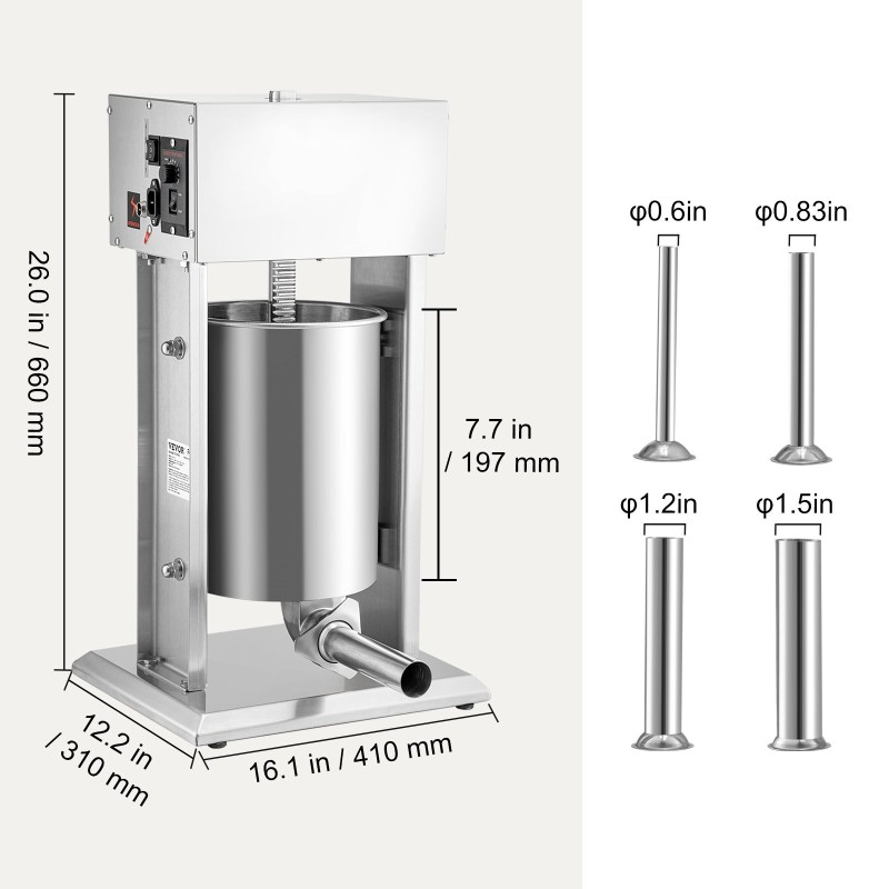 Sähköinen pystymallinen makkaratäytin kymmenen litran ruostumatonta terästä kahdensadan watin neljä täyttöputkea jalkapoljin