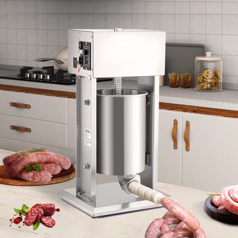 Sähköinen pystymallinen makkaratäytin kymmenen litran ruostumatonta terästä kahdensadan watin neljä täyttöputkea jalkapoljin