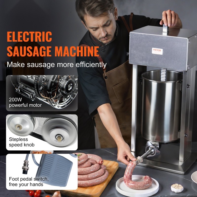 Sähköinen makkarantäyttökone 12 L 304 ruostumaton teräs portaaton nopeudensäätö jalkapoljin 5 täyttöputkea