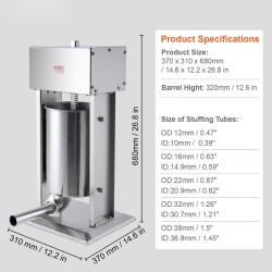 Sähköinen makkarantäyttökone 12 L 304 ruostumaton teräs portaaton nopeudensäätö jalkapoljin 5 täyttöputkea