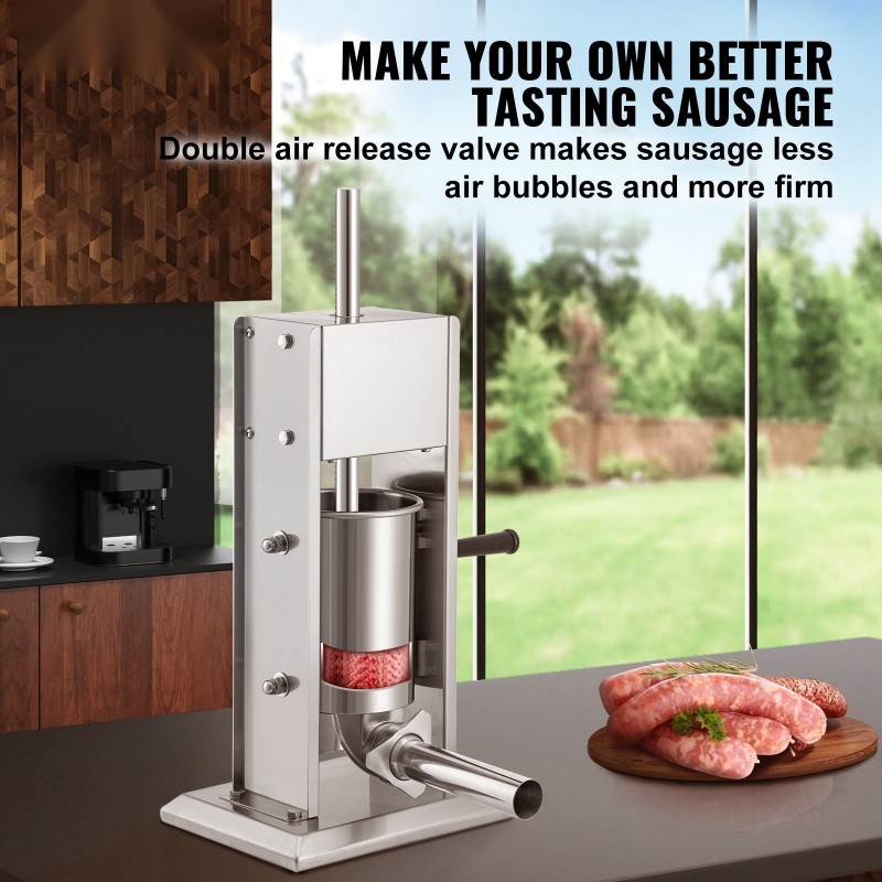 Käsikäyttöinen pystymallinen makkarantäytin kolmen litran kapasiteetti ruostumatonta terästä kaksinopeuksinen neljä täyttöputkea