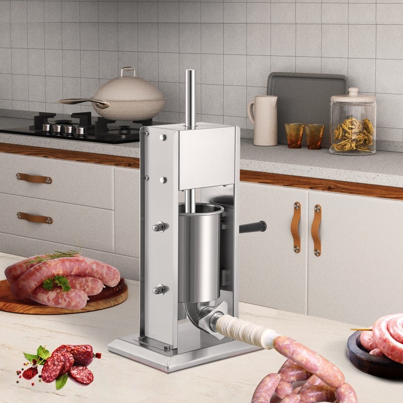 Käsikäyttöinen pystymallinen makkarantäytin kolmen litran kapasiteetti ruostumatonta terästä kaksinopeuksinen neljä täyttöputkea