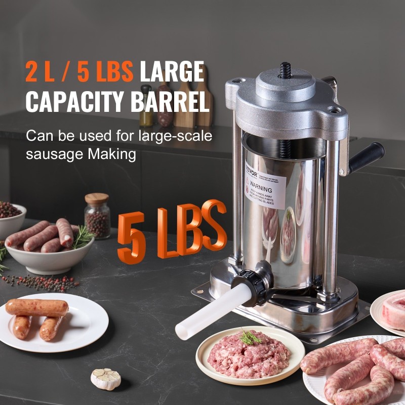 Manuaalinen pystymallinen makkararuisku 2 l elintarvikekelpoinen 304-ruostumaton teräs G-tyypin pöytäkiinnitys 3 täyttöputkea