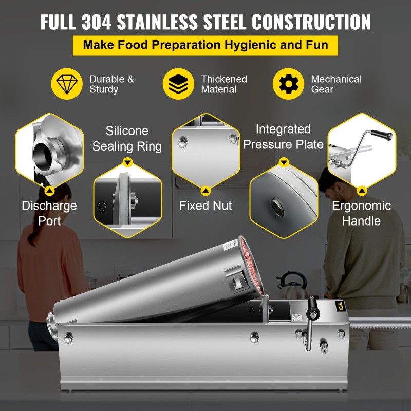 Manuaalinen vaakasuuntainen makkararuisku 7 litran elintarvikelaatuinen ruostumaton teräs kaksinopeuksinen 5 täyttöputkea