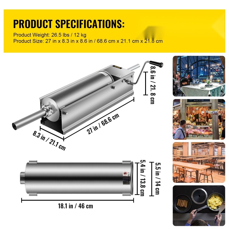 Manuaalinen vaakasuuntainen makkararuisku 7 litran elintarvikelaatuinen ruostumaton teräs kaksinopeuksinen 5 täyttöputkea