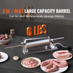 Manuaalinen vaakasuuntainen makkararuisku 2,5 l ruostumatonta terästä U-mallinen pöytäpuristin 8 täyttöputkea