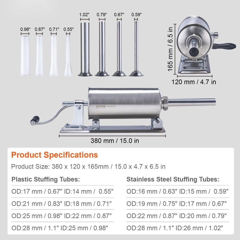 Manuaalinen vaakasuuntainen makkararuisku 2,5 l ruostumatonta terästä U-mallinen pöytäpuristin 8 täyttöputkea