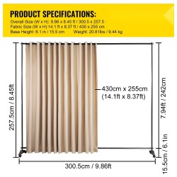 Siirrettävä verhojako seinä alumiiniseosrunko 300x258 cm beige pimentävä polyesteriverho 4 pyörää