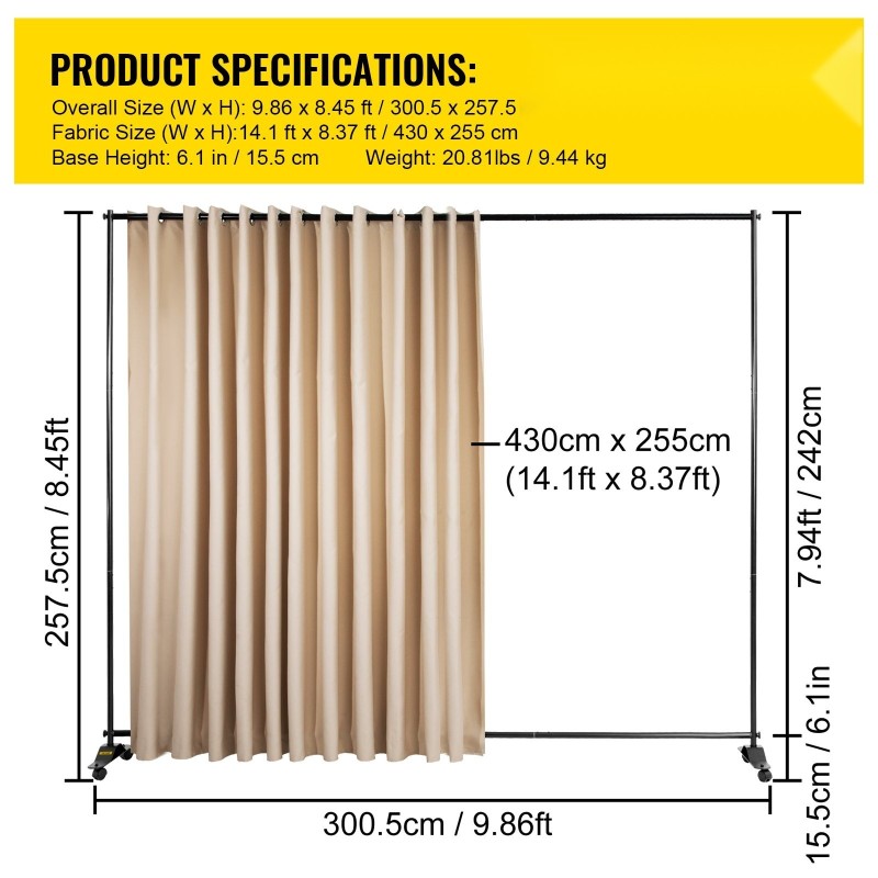 Siirrettävä verhojako seinä alumiiniseosrunko 300x258 cm beige pimentävä polyesteriverho 4 pyörää