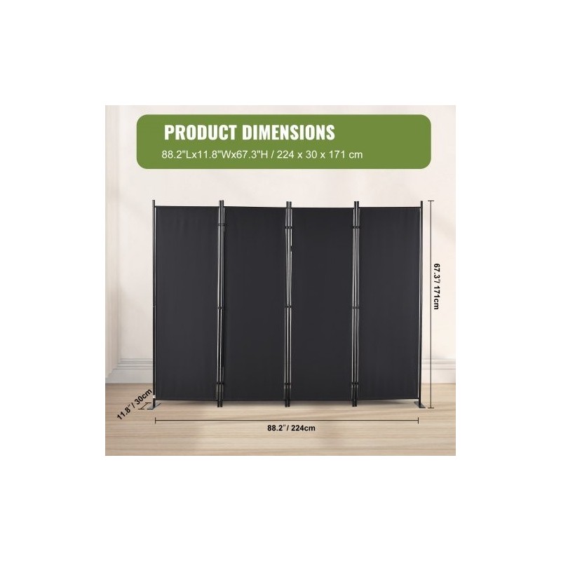 Tilanjakaja 4-paneelinen taitettava hiiliteräsrunko vedenpitävä polyesterikangas 224x30x171 cm sisäkäyttöön