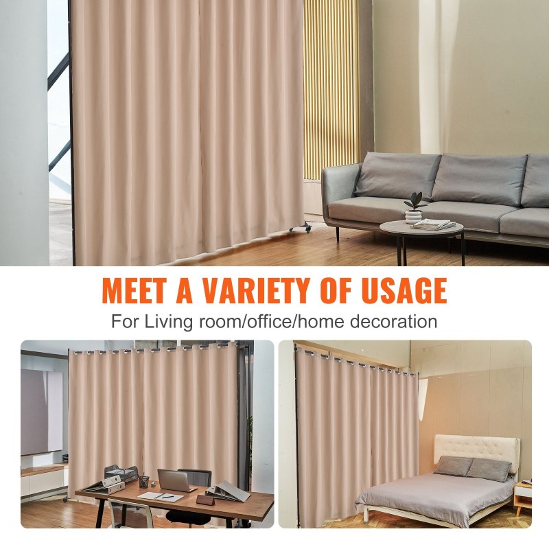 Huoneen jakaja suuri metallirunkoinen polyesterikankaalla neljällä pyörällä ruskea