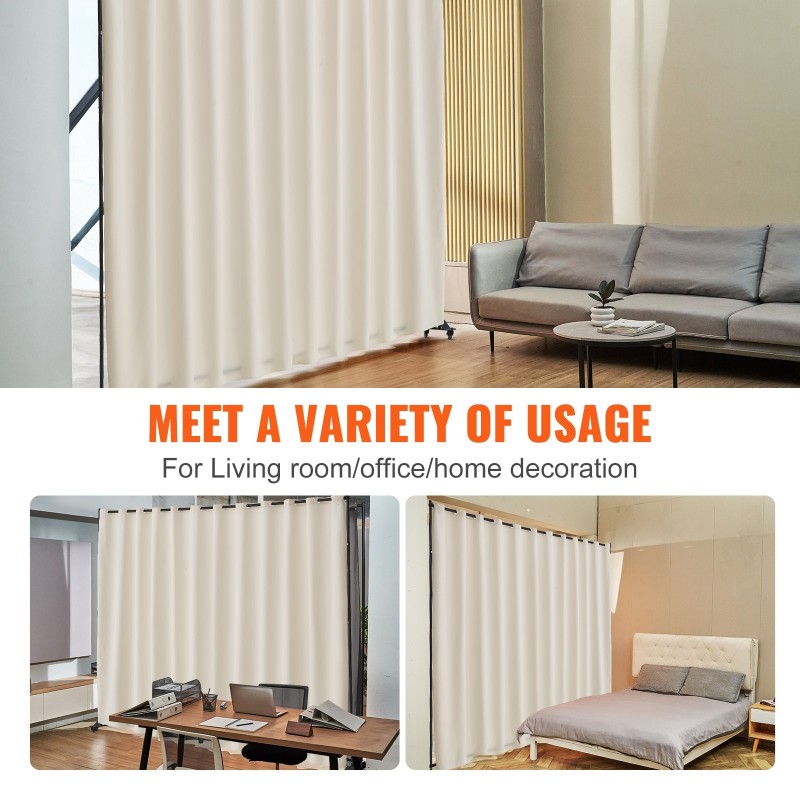 Tilanjakaja metallirunkoinen 308,5×45×245,5 cm pyörillä beige polyesterikangas