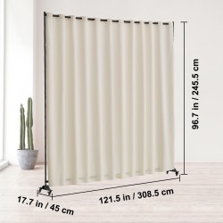 Tilanjakaja metallirunkoinen 308,5×45×245,5 cm pyörillä beige polyesterikangas