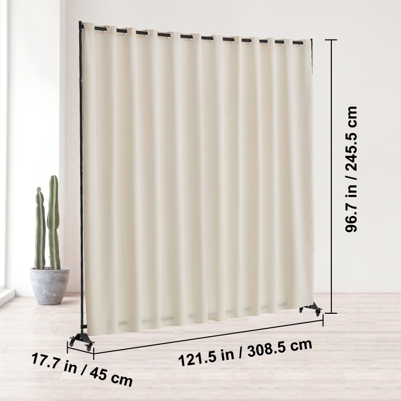 Tilanjakaja metallirunkoinen 308,5×45×245,5 cm pyörillä beige polyesterikangas
