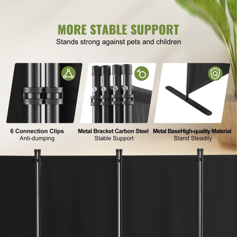 4-paneelinen kangastilanjakaja 180 g polyesterikangas musta metalliteline säädettävä korkeus