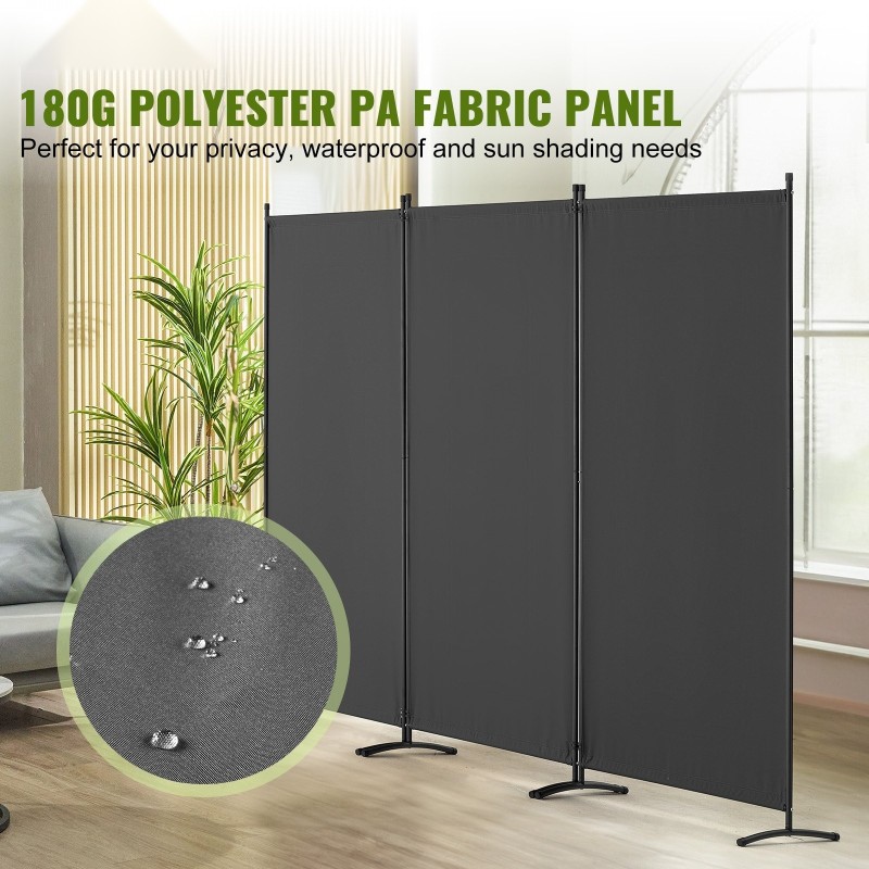 Tilanjakaja kolmiosainen kangaspintainen avattuna 228 senttimetriä leveä 184 senttimetriä korkea harmaa polyesterikangas