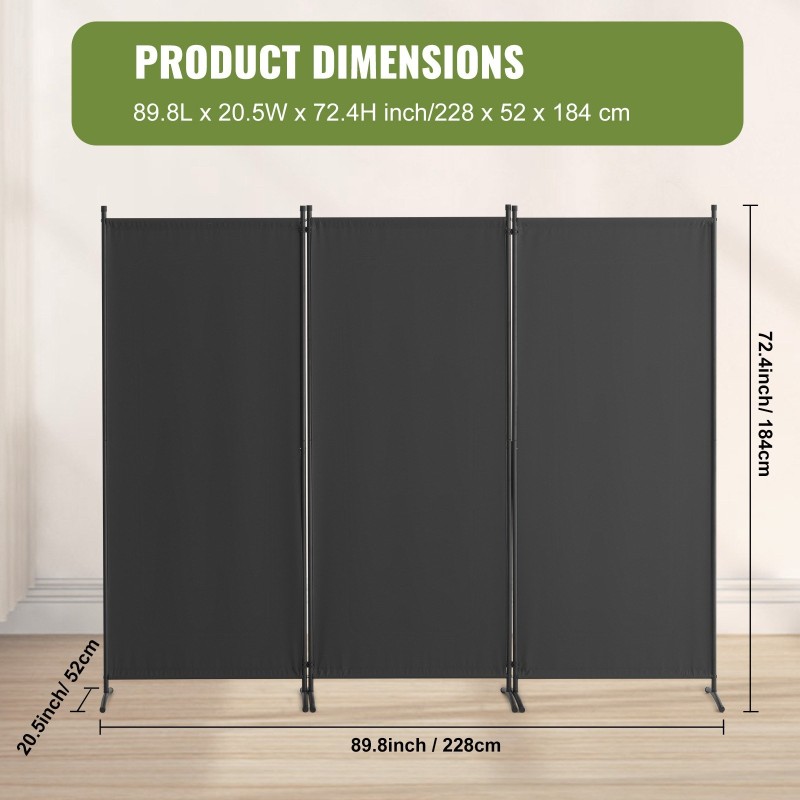 Tilanjakaja kolmiosainen kangaspintainen avattuna 228 senttimetriä leveä 184 senttimetriä korkea harmaa polyesterikangas