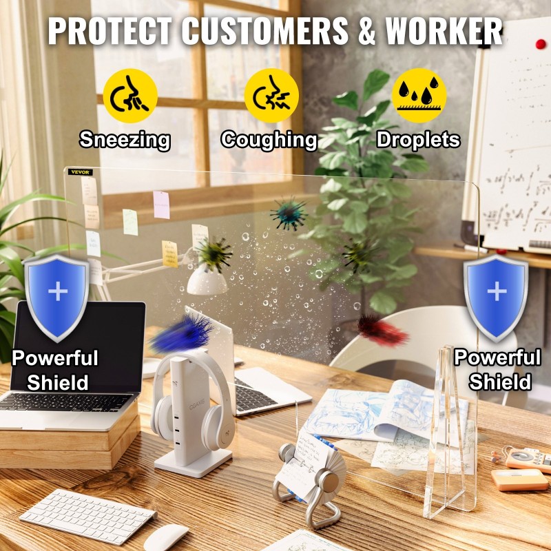 Akryylinen yskänsuoja tiskille 60x120 cm 5 mm asiointi-ikkunalla 2 jalustaa