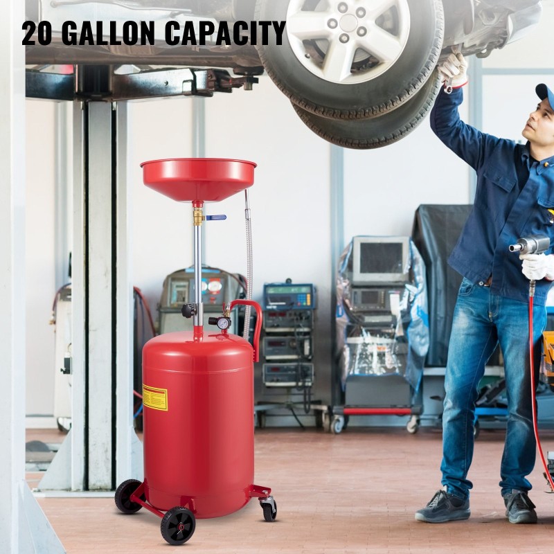 Jäteöljysäiliö teräs 80 litraa siirrettävä paineilmatoiminen korkeussäädettävällä suppilolla pyörillä