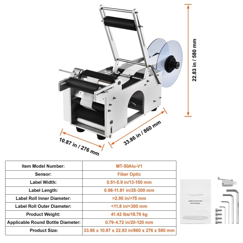 Puoliautomaattinen sähkökäyttöinen etiketöintikone alumiinirunkoinen pyöreille pulloille 2–12 senttimetriä 20–50 etikettiä