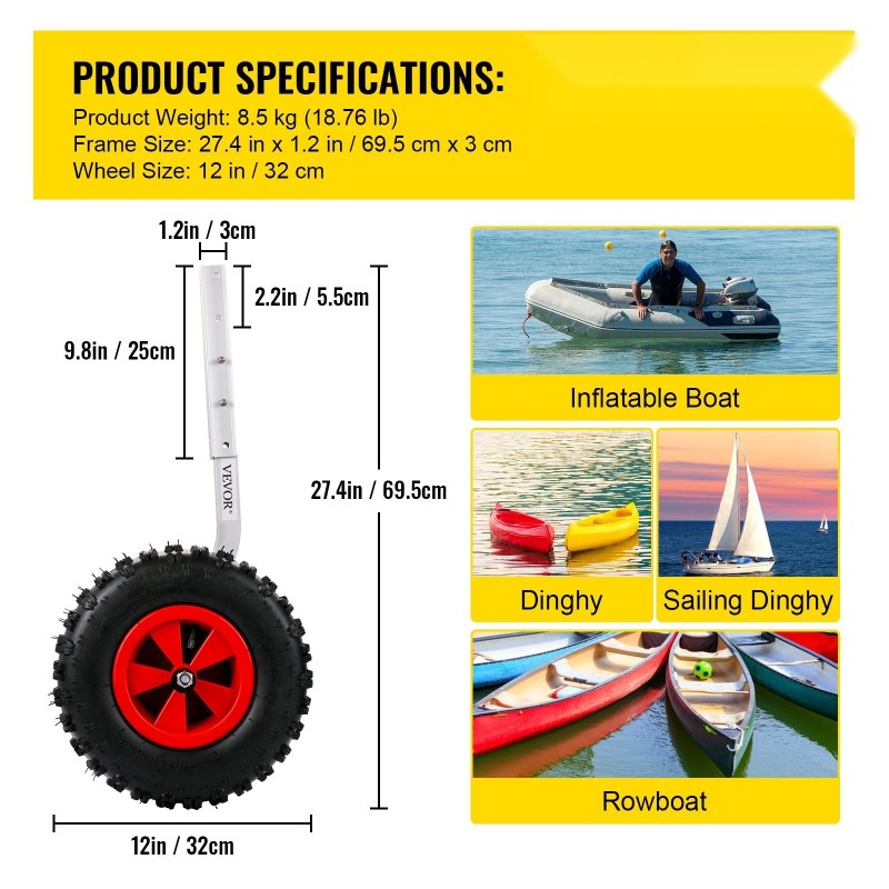 Veneen kuljetuspyöräsarja alumiinivarret 30,5 senttimetriä kumipyörät 227 kilogramman kantavuus 4 pikalukitustappia