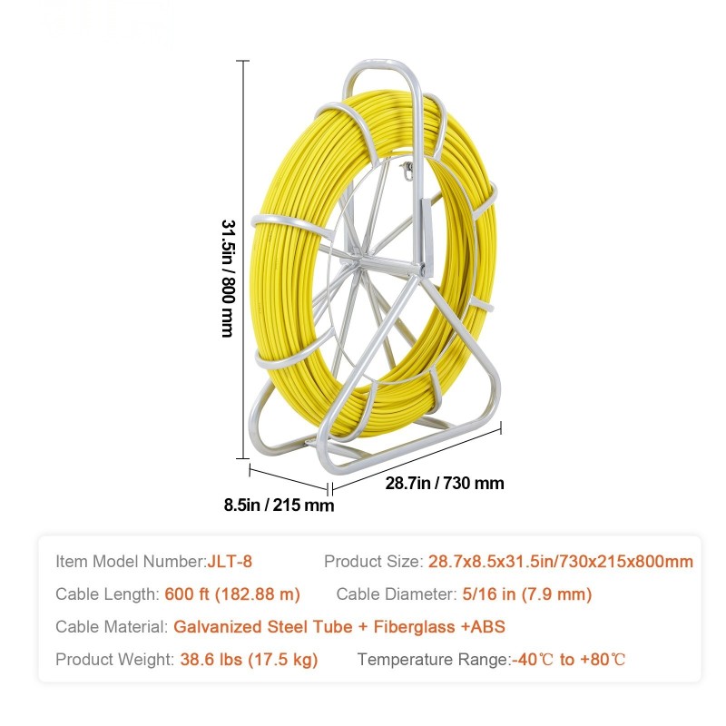 Lasikuituinen kaapelinveto ja putkijousi 183 m 7,9 mm 3 vetopäätä