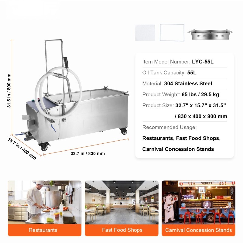 Siirrettävä friteerausöljyn suodatusjärjestelmä 55 litran 10 litraa minuutissa 304 ruostumaton teräs