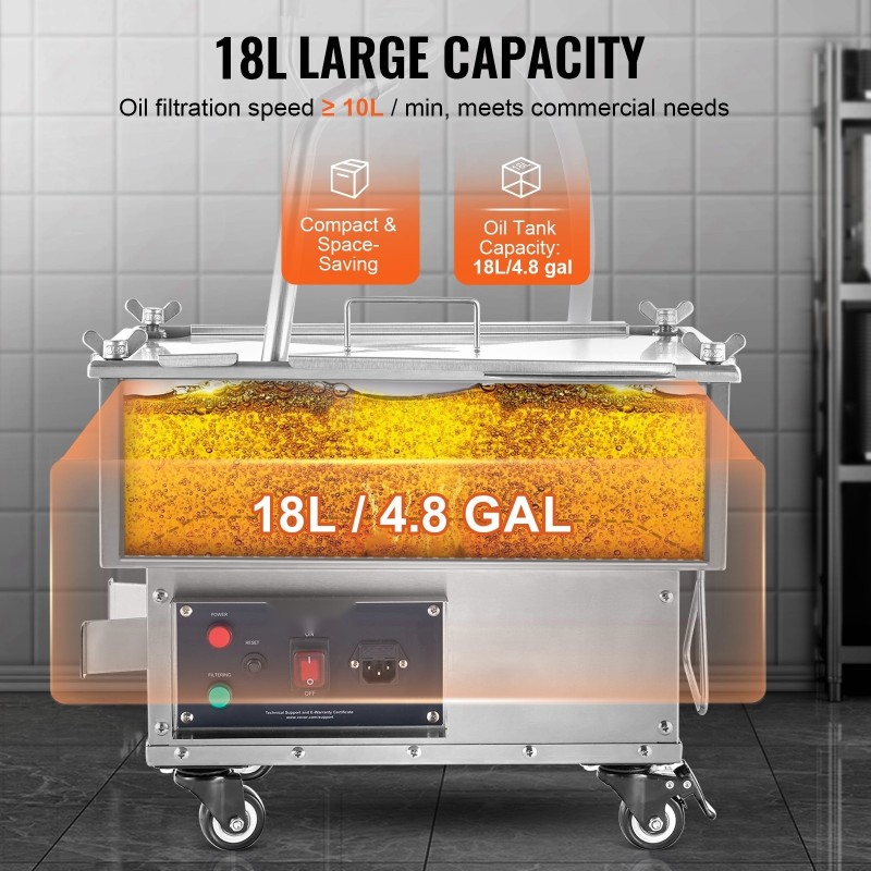 Mobiili friteerausöljyn suodatuslaite 18 l 10 l/min nelitasoinen suodatus 304-ruostumatonta terästä