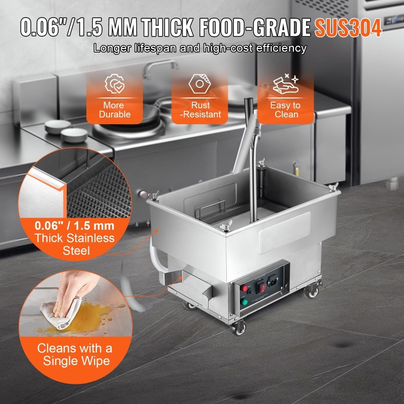 Mobiili friteerausöljyn suodatuslaite 18 l 10 l/min nelitasoinen suodatus 304-ruostumatonta terästä