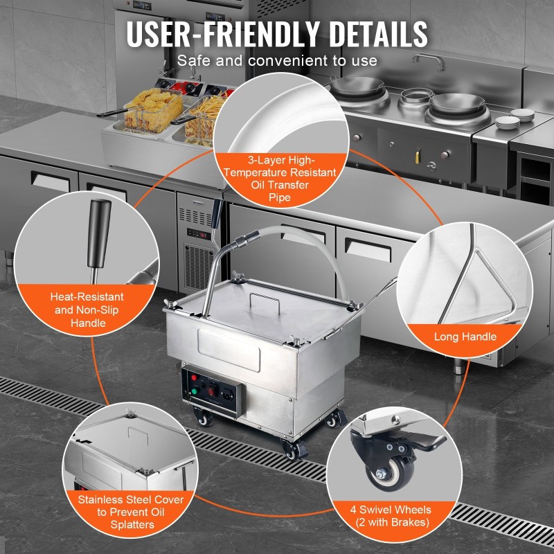 Mobiili friteerausöljyn suodatuslaite 18 l 10 l/min nelitasoinen suodatus 304-ruostumatonta terästä