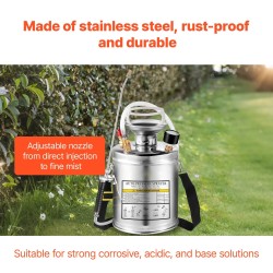 Käsipumppuruiskutin ruostumattomasta teräksestä neljän litran kotitalous- ja puutarhakäyttöön säädettävällä suuttimella