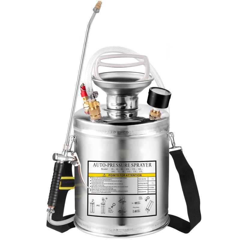 Käsipumppuruiskutin ruostumattomasta teräksestä neljän litran kotitalous- ja puutarhakäyttöön säädettävällä suuttimella