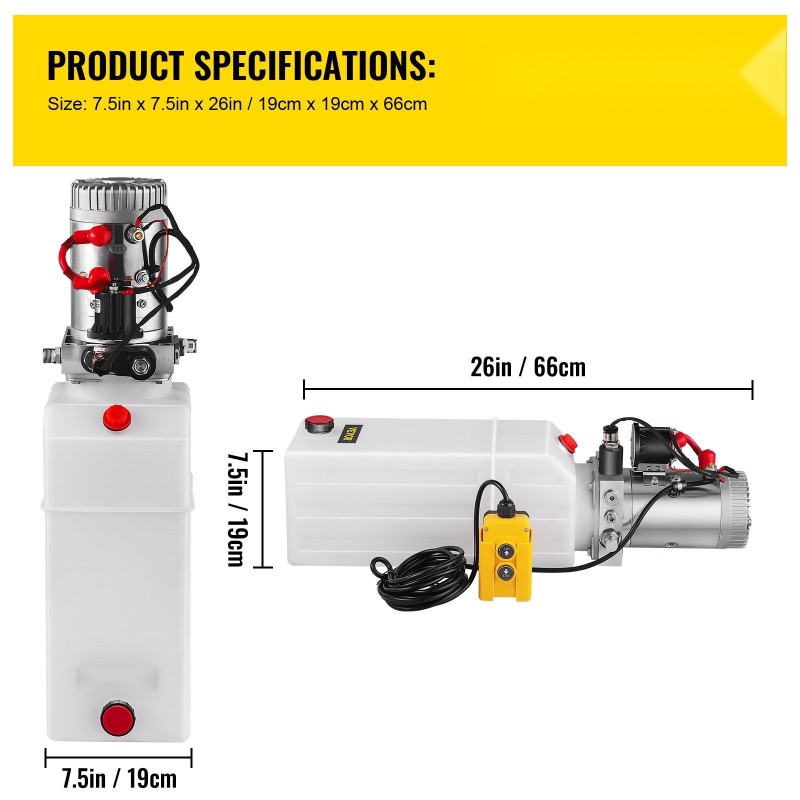 Yksitoiminen hydraulinen tehoyksikkö 12 voltin moottori 8 l läpikuultava muovisäiliö