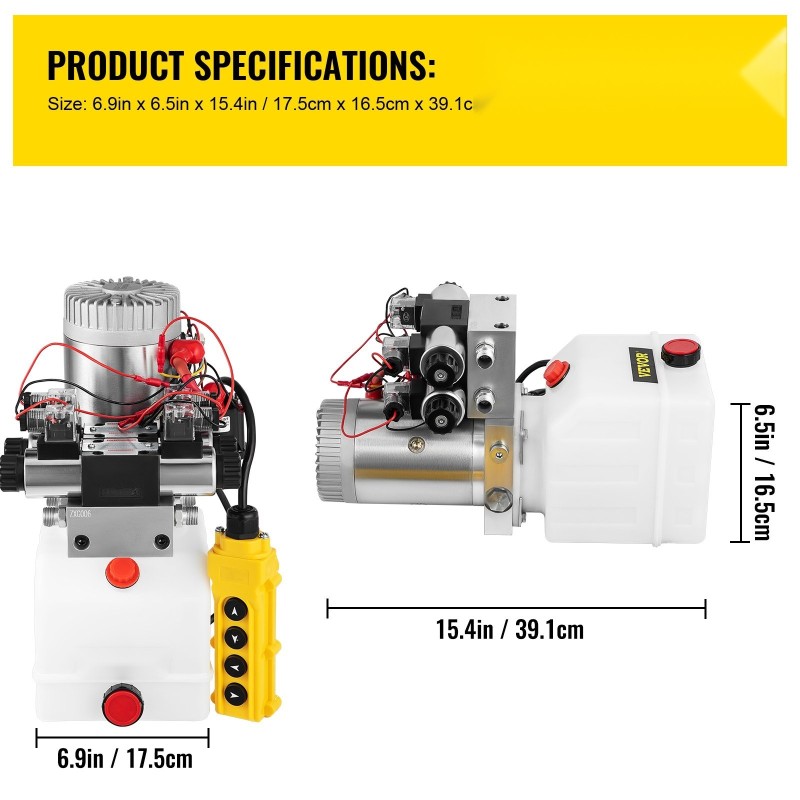 Kaksitoiminen hydraulinen tehopaketti kaksisolenoidinen 12V 1600W 4,5 l muovisäiliöllä