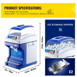 Kaupallinen jäämurskain ruostumaton teräsrunko 5 litran syöttösäiliö 200 kilogrammaa tunnissa 300 wattia