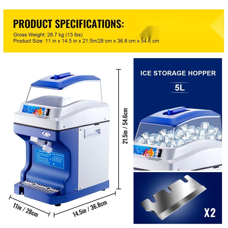 Kaupallinen jäämurskain ruostumaton teräsrunko 5 litran syöttösäiliö 200 kilogrammaa tunnissa 300 wattia