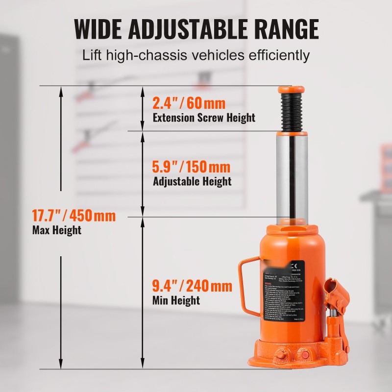 Hydraulinen pullotunkki 20 tonnia nostokorkeus 240–450 mm kolmiosainen varsi