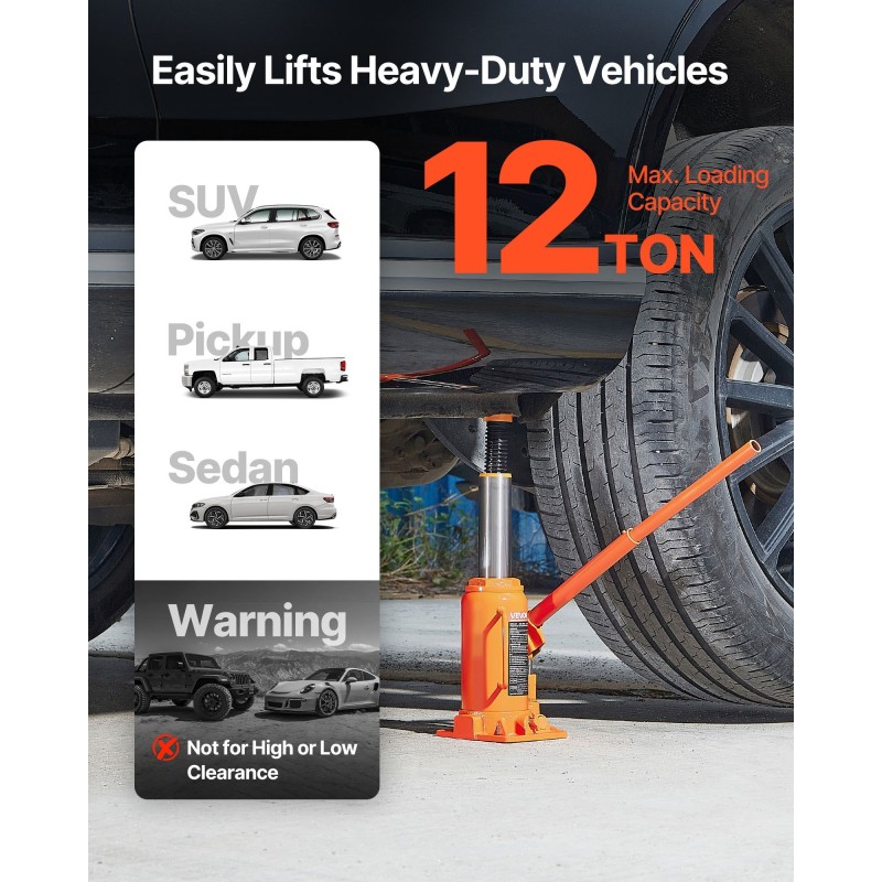 Hydraulinen pullotunkki 12 t 205–400 mm nostoalue valurauta ja hiiliteräs autoille