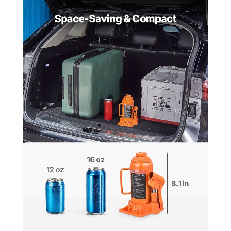 Hydraulinen pullotunkki 12 t 205–400 mm nostoalue valurauta ja hiiliteräs autoille