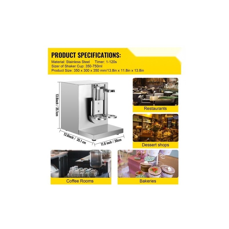 Maitoteen ravistelukone ruostumattomasta teräksestä sähköinen tuplarunkoinen 120W kaksi 750 ml kuppia