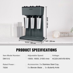 Pirtelökone ruostumatonta terästä kolmipäinen kolmella 820 millilitran kupilla