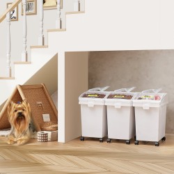 Säiliösetti kolmen kahdenkymmenenviiden litran PP-muovia valkoinen pyörillä ja läpinäkyvällä kannella